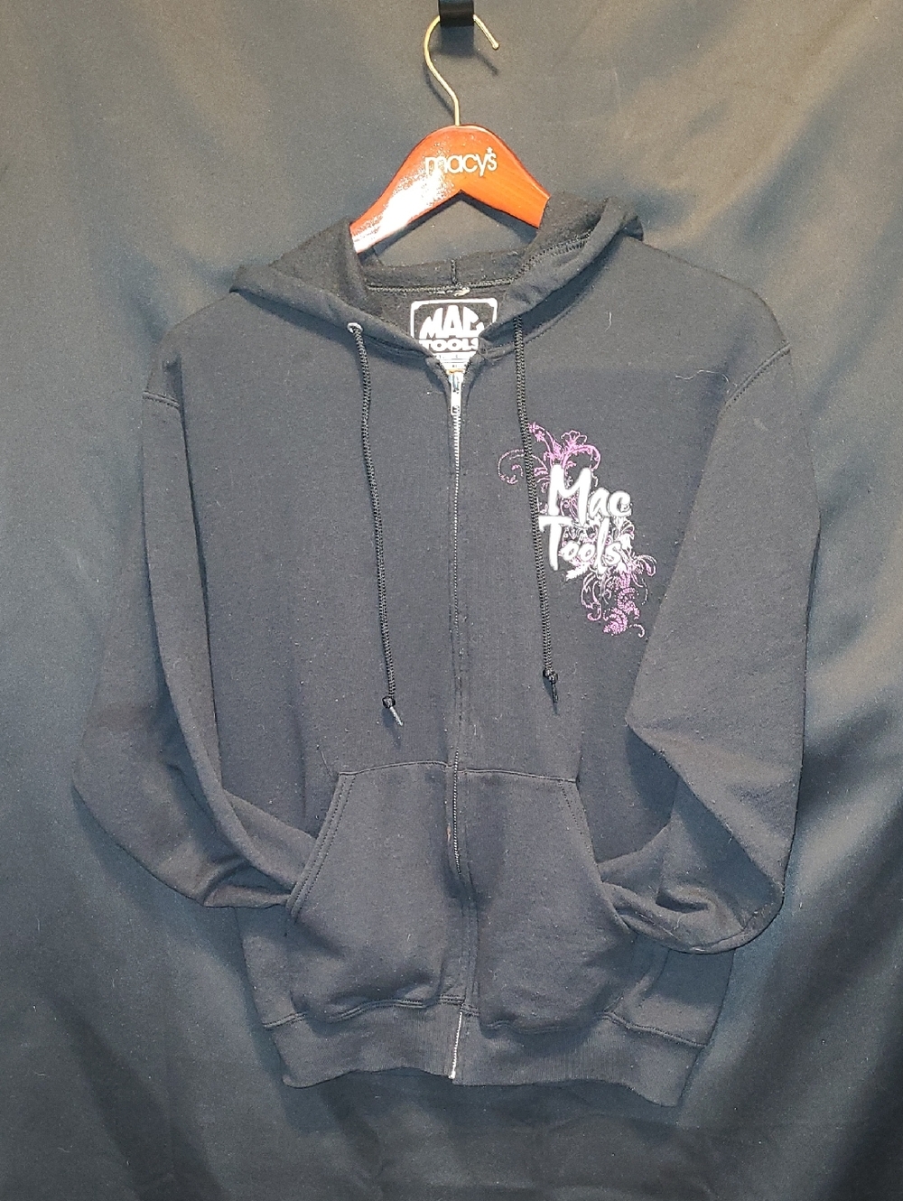 Mac Tools Black Zip-Up Hoodie with Purple Accent Size Med Distressed